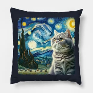 British Shothair Starry Night Inspired - Artistic Cat Pillow