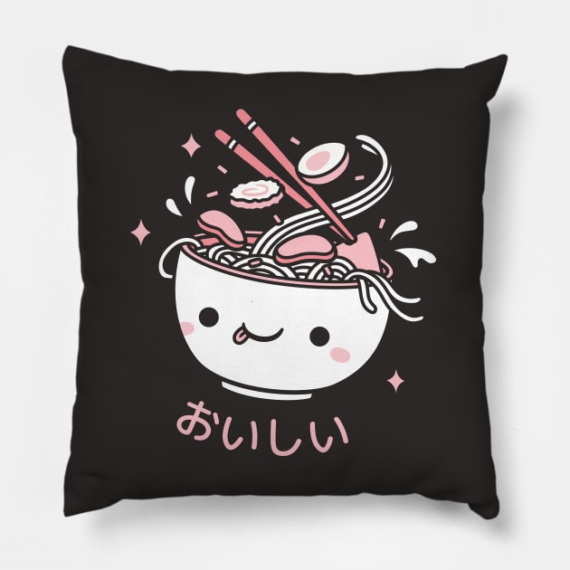 Cute Ramen Spilling Toppings Oishii Pillow by rustydoodle