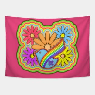 Hippie Flower Power Peace Rainbow Dove Tapestry