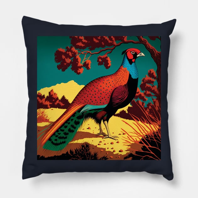 Elegant Pheasant  in red, orange, green and blue Pillow by Geminiartstudio