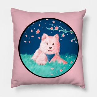 Samoyed Puppy sitting under cherry blossoms Pillow