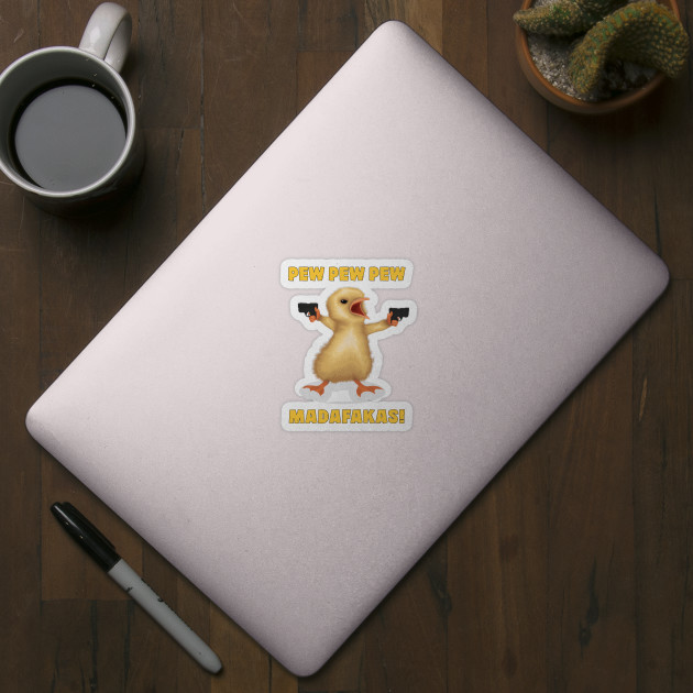 A Funny Bird Holding Guns And Says : PEW PEW PEW, MADAFAKAS! - Funnytee - Sticker