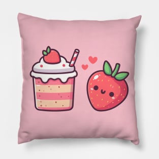 Strawberry Cake with a Cute Kawaii Strawberry and Hearts | Design for Kawaii Food Lovers Pillow