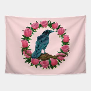 American Crow on Pink Roses Tapestry