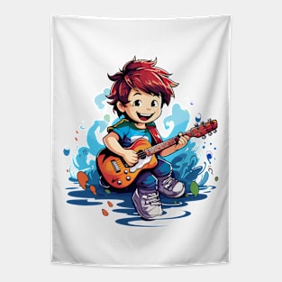 happy kid playing a guitar v7 Tapestry