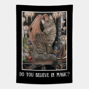 The Cat of The School of Wizardry - Quote - Do You Believe in Magic? - White Outlined Version Tapestry