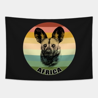 African Wild Dog Close-up on Vintage Retro Africa Sunset Tapestry