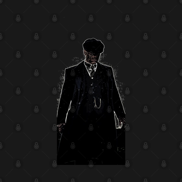 Thomas Shelby stands emotionally, well dressed, with a hat and looks down as abstract comic art (vers. 2) by ComicPrint