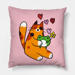 Calico Cat Loves Green Frog Pillow