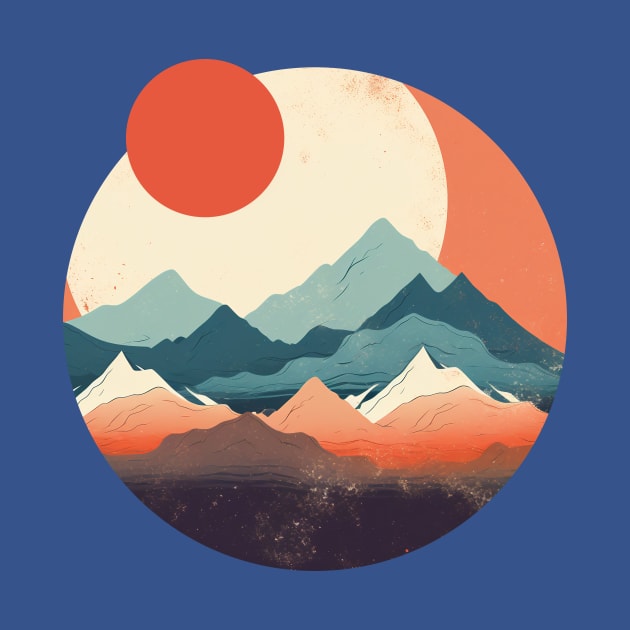 Red Japanese Sun and Moon Flat Style Mountains by yambuto