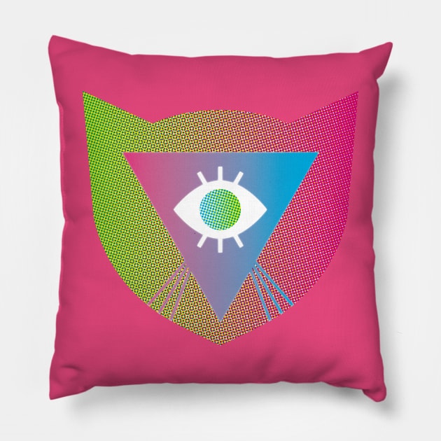 Rainbow Laser Cat Whiskers Evil Eye LGBTQIA2S+ Pink Green Triangle Shield Protection Optical Illusion Illuminati Y2K Graphic Design Pillow by TriangleWorship