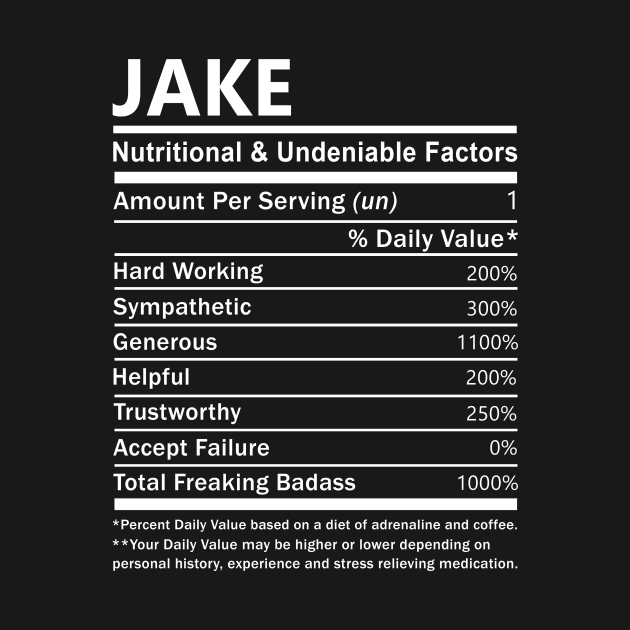 Jake Name T Shirt - Jake Nutritional and Undeniable Name Factors Gift Item Tee by nikitak4um