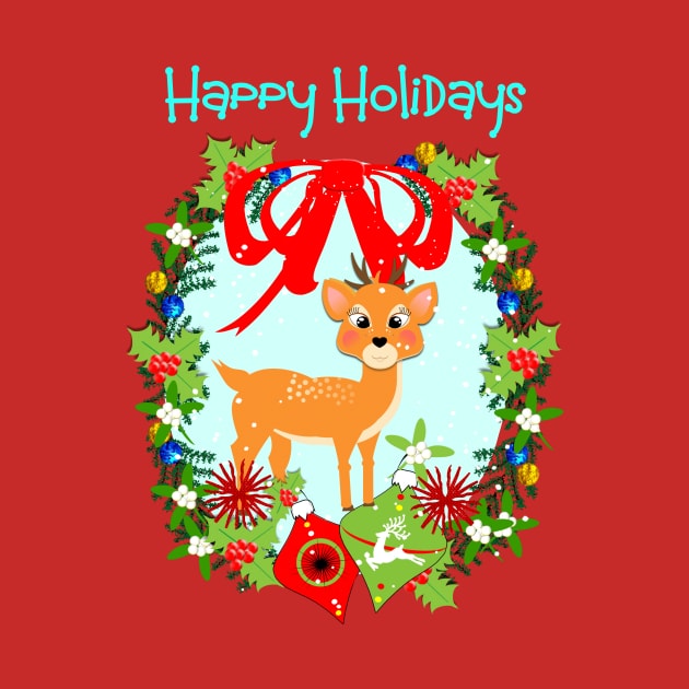 Happy Holidays Festive Christmas Deer Wreath by Flissitations