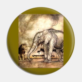 An Elephant and A Lion - Vintage Artwork Pin