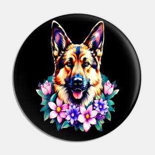 German Shepherd Dog Surrounded by Beautiful Spring Flowers Pin