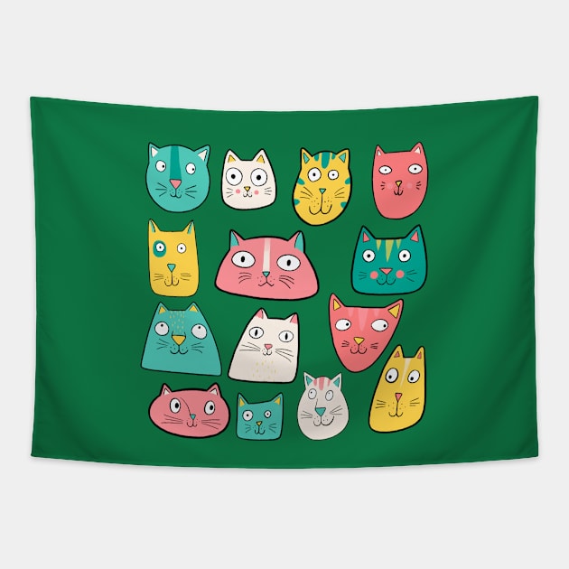 Retro Cat Heads Tapestry by Drawn to Cats