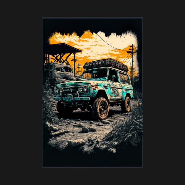 Teal Safari pick up truck in the ruined world by KoolArtDistrict