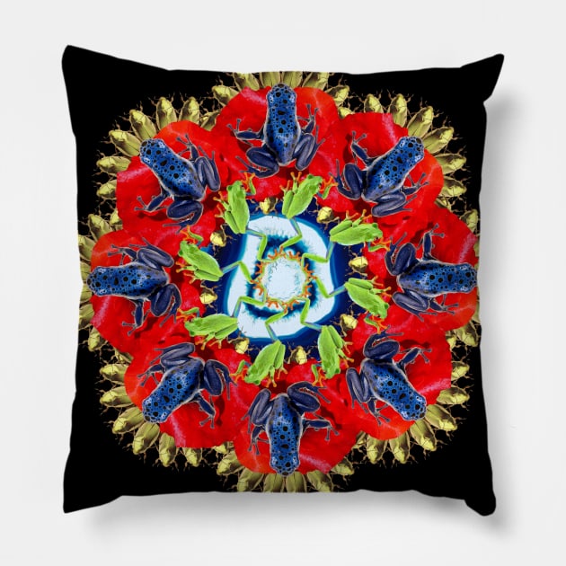 Blue frogs on the poppy Mandala Pillow by burenkaUA