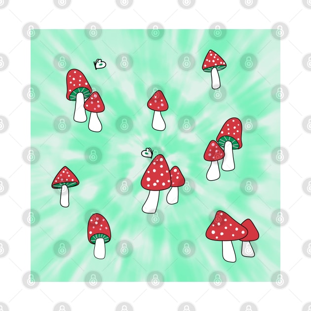 Aesthetic Red Hatted Mushrooms and Butterflies on a Green Tie Dye Background by YourGoods