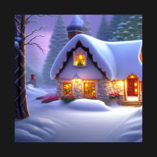 Magical Fantasy Cottage with Lights In A Snowy Scene, Scenery Nature T-Shirt