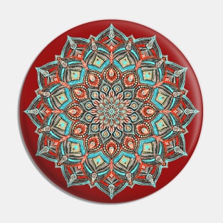 Teal, Red and Black Boho Painted Mandala Pin