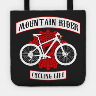 Mountain rider, cycling life art with red back cassette or back pinion and white mountan bycicle. Vintage bike design ideal for stamps Tote