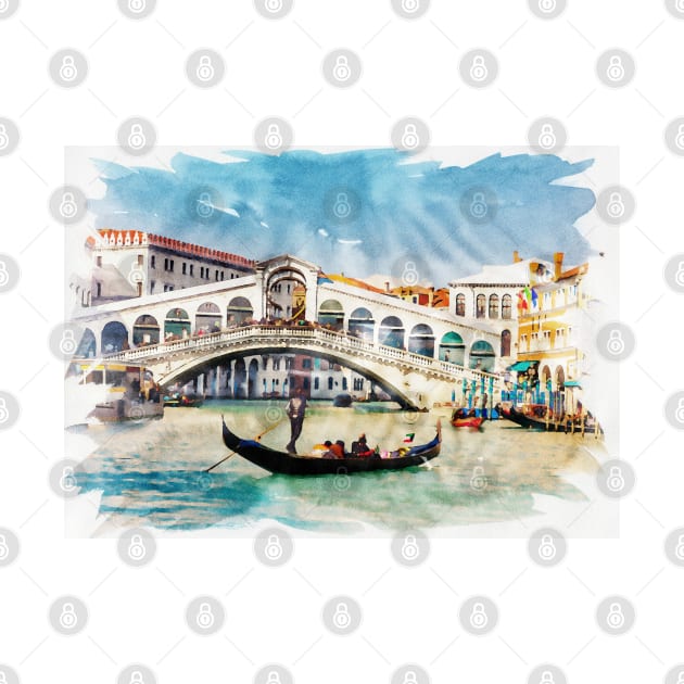 Venice Italy ✪ Watercolor style poster | Most Beautiful Places on Earth | Gondolier on a canal by Naumovski