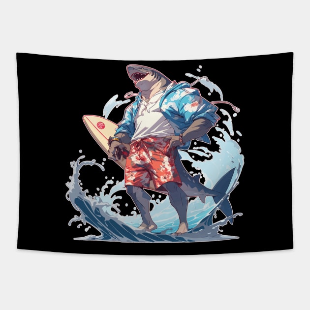 Muscle Beach Anime Shark Surfer Tapestry by DanielLiamGill