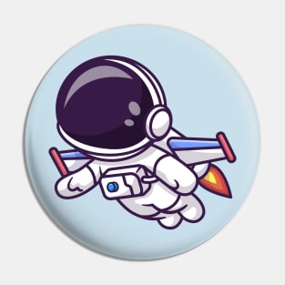 Cute Astronaut Flying With Rocket Cartoon Pin