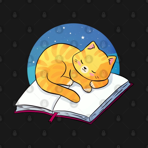 Cute ginger cat sleeping on a book illustration by Yarafantasyart