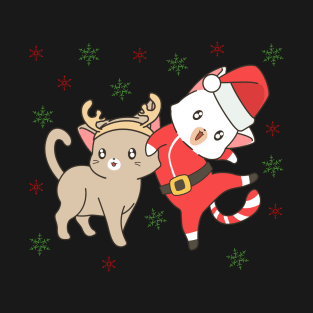 Kawaii Christmas Santa Cat And Reindeer Cat T-Shirt