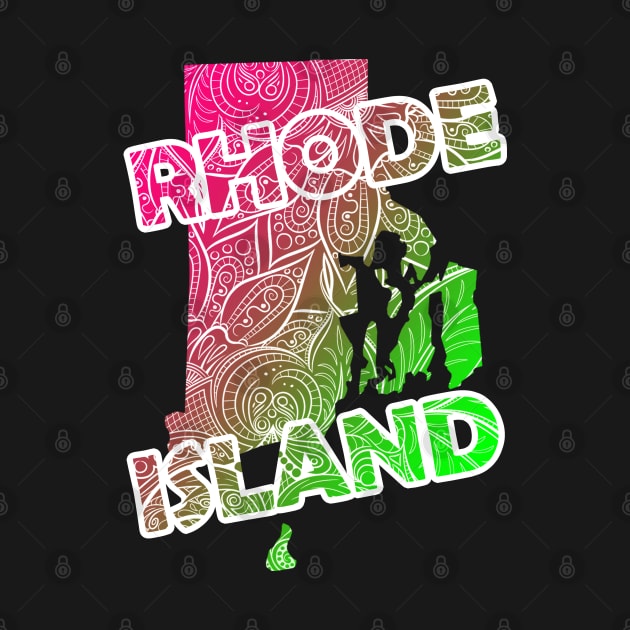 Colorful mandala art map of Rhode Island with text in pink and green by Happy Citizen