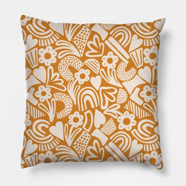 Tween spirit abstract flowers and rainbows in mustard yellow Pillow by Natalisa