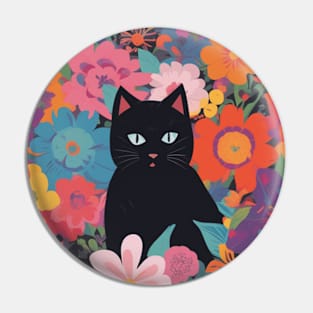 Bewitching Blooms, Black Cat in a Vibrant Garden Pin