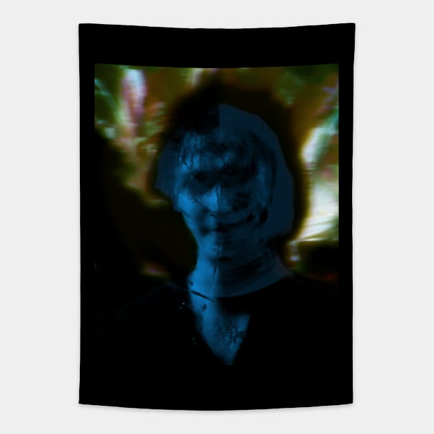 Portrait, digital collage and special processing. Man, like in night dreams. Demon. Glowing blue and colorful background. Tapestry by 234TeeUser234