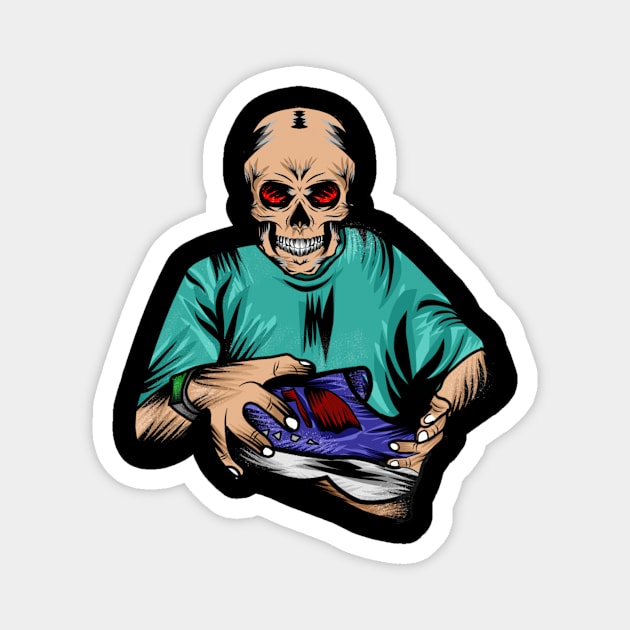 vector image with a person with a skull head holding a shoe Magnet by Innometrics