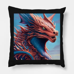 Intricate Copper and Blue Scaled Dragon Pillow