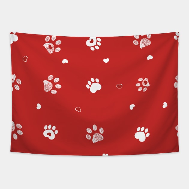 Red background with white paw prints Tapestry by GULSENGUNEL