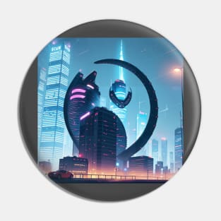 Cyberpunk city with a hidden cat outline Pin