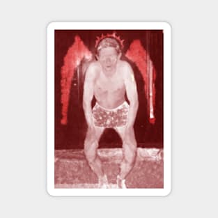 Portrait. Digital collage, special processing. Man in briefs, looking. Angel. Red and white, darker.. Magnet