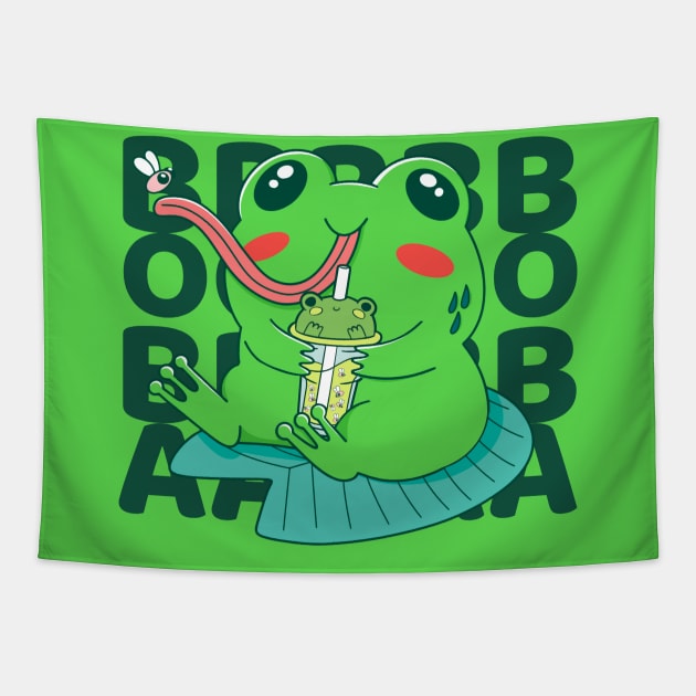 Kawaii Frog Drinking Boba Tea Tapestry by Bruno Pires