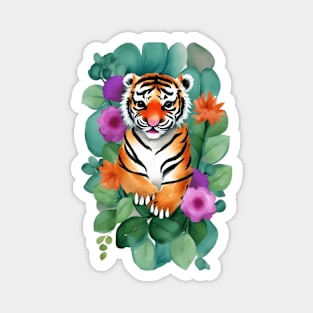 Watercolor Baby Tiger with Flowers Magnet