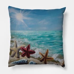 Tropical Summer Turquoise Ocean Waves Sandy Beach Seashells Pillow