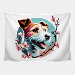 Parson Russell Terrier's Springtime Cherry Blossom Joy Tapestry