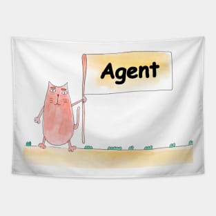Agent. Profession, work, job. Cat shows a banner with the inscription. Watercolor illustration. A gift for a professional. Tapestry