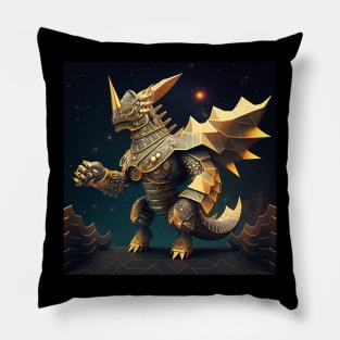 the golden armored kaiju ecopop in mexican patterns dragon winged beast Pillow