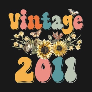 Vintage 2011 Sunflower Floral Retro Groovy 12th Birthday T-Shirt