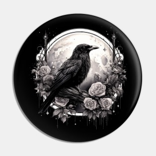 Gothic Crow, Full Moon, Roses, Raven Edgar Allan Poe Witchy Mystic Pin