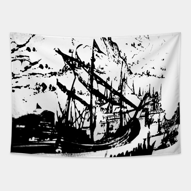 Abstract Black And White Pirate Ship Tapestry by Korry