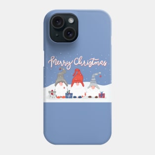 Three Merry Christmas Gnomes with Snowflakes and Presents on Pale Blue Phone Case